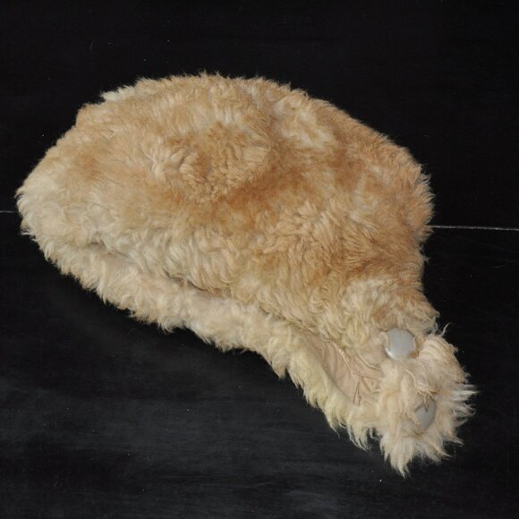 Vintage Wool Bonnet Hood Winter Hat Chin Strap Sheepskin Shearling Cap Unisex S - Picture 6 of 8